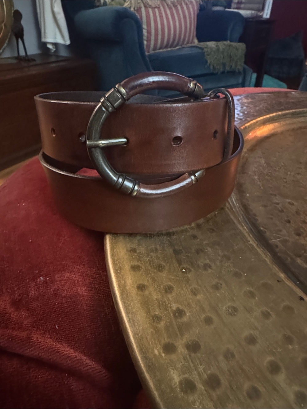 Eddie Bauer Brown Leather Belt with Round Metal Buckle - Classic Casual